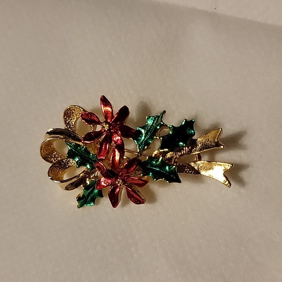 Vintage Gerry's Signed Christmas Poinsettia Ivy Gold Tone Brooch Pin Holiday - Picture 15 of 16